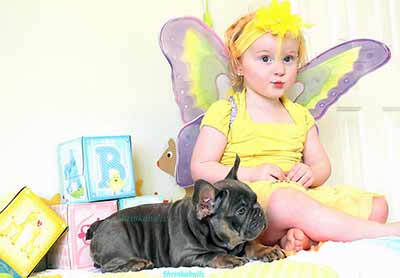 girl in costume with french bulldog