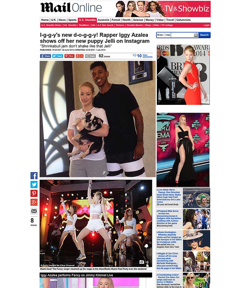 "Shrinkabulls Jelli" with new owner number one bill board singer Iggy Azalea and NBA player Nick Young in the largest UK news media.