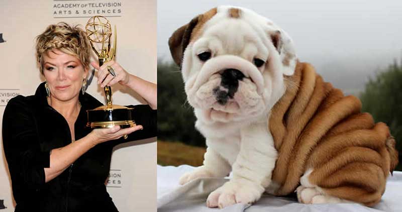 Mia Michaels with wrinkly white and brindle bulldog pup